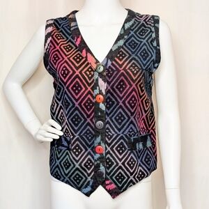 Soft Flannel Button Up Vest Top Dark Rainbow Geometric Pattern